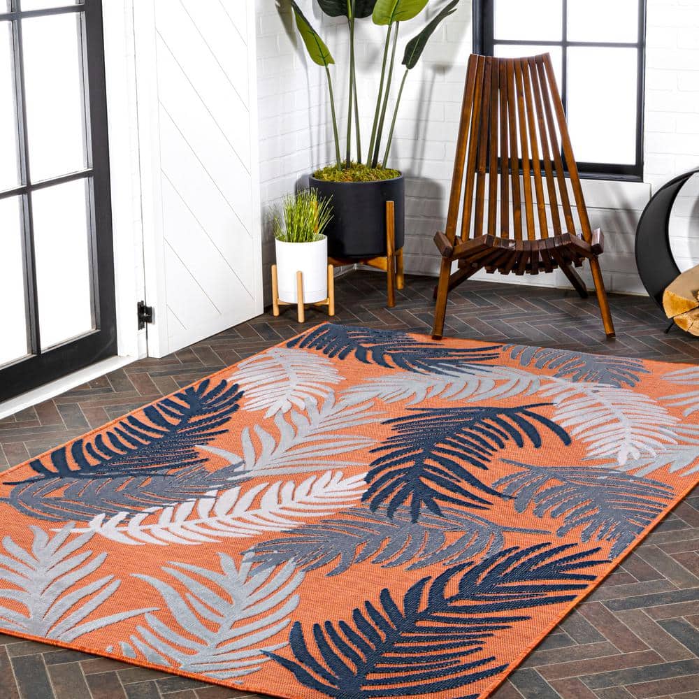 Montego Tropical Palm Orange Navy Ivory 3' x 5' Synthetic Area Rug