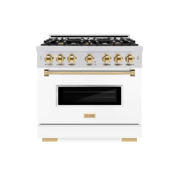 Classic 36 in. 6-Burner Dual Fuel Range with Convection Oven in Stainless Steel, Matte White & Polished Gold