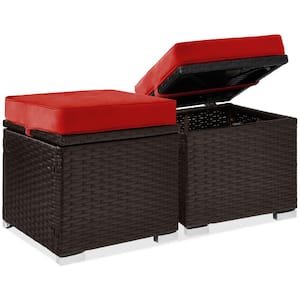 Brown Wicker Outdoor Ottomans Storage Box Footstool with Removable Red Cushions (2-Piece)