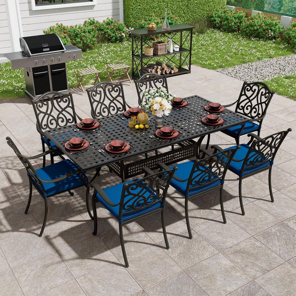 Set of 4 Black Cast Aluminum Outdoor Dining Chairs with Blue Cushions