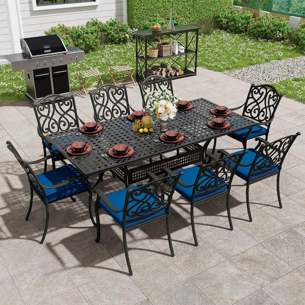 Black Cast Aluminum Metal Outdoor Patio Stackable Retro Pattern Dining Chair with Blue Cushions for Yard Gazebo(4-Pack)