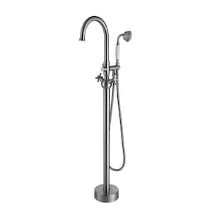 2-Handle Freestanding Tub Faucet Bath Faucet with Round Hand Shower in Brushed Nickel