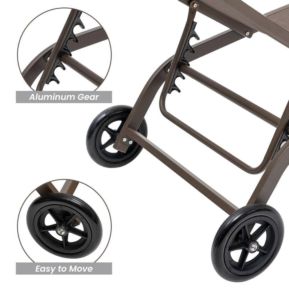 Adjustable Brown Aluminum Outdoor Chaise Lounge with Wheels