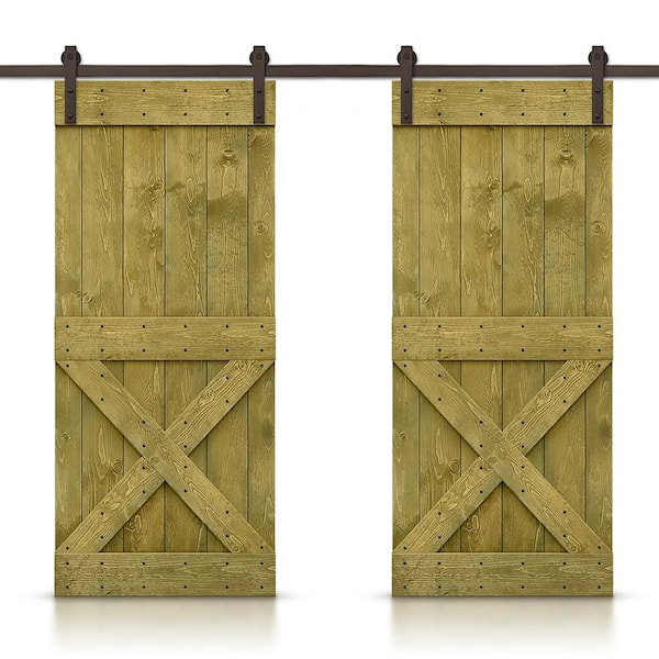 CALHOME 76 in. x 84 in. Mini X Series Jungle Green Stained Solid Pine Wood Interior Double Sliding Barn Door with Hardware Kit