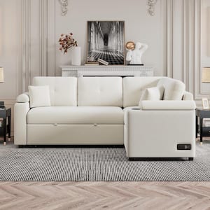 87.4 in. Beige Boucle Fabric Twin Size Sofa Bed with 2-Pillows, Cup Holder, USB Ports and Sockets