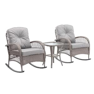 3-Peice Modern Gray Wicker Patio Bistro Outdoor Rocking Chair Set with Light Gray Cushions