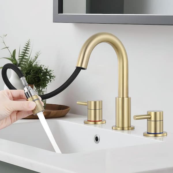 2 handle Pull down Spout 8 in. Widespread Bathroom Faucet 3 Hole Bathroom Sink Faucet in Brushed Gold