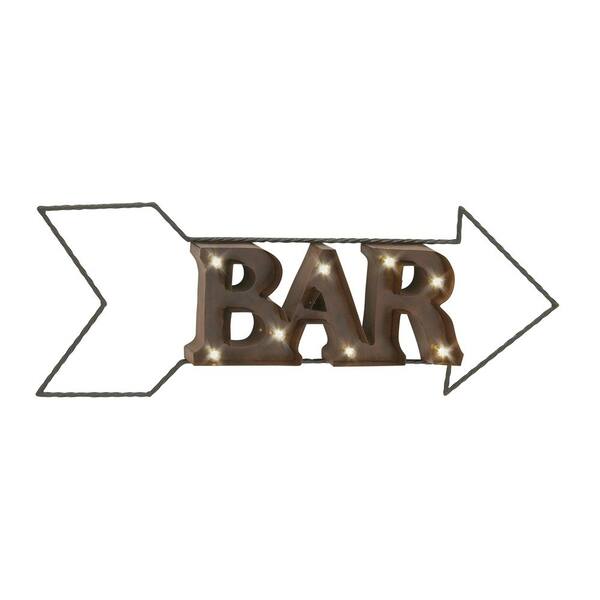 Litton Lane 34 in. x 12 in. Rustic "Bar" and Arrow Wall Sign with LED Lights