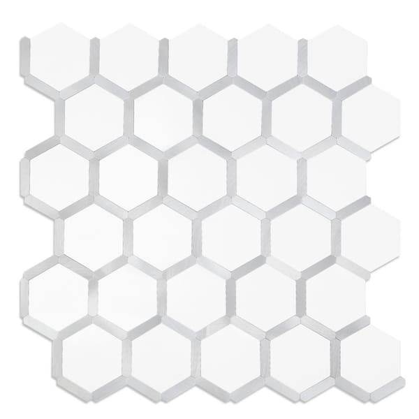Yipscazo Hexagon White with Silver 11.90 in. x 11.90 in. PVC Peel and Stick Backsplash Wall Tile (19.67 Sq. Ft./10-Sheets)