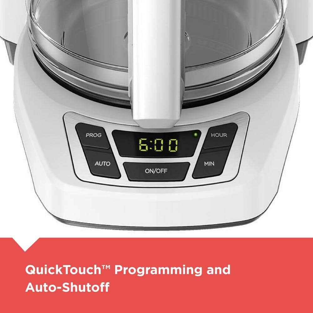 12-Cup Digital Coffee Maker, Programmable Washable Basket Filter Sneak-A-Cup Auto Brew Water Window Keep Hot Plate white