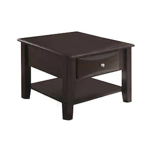 24 in. Brown Square Wood End Table with Single Drawer and Bottom Shelf