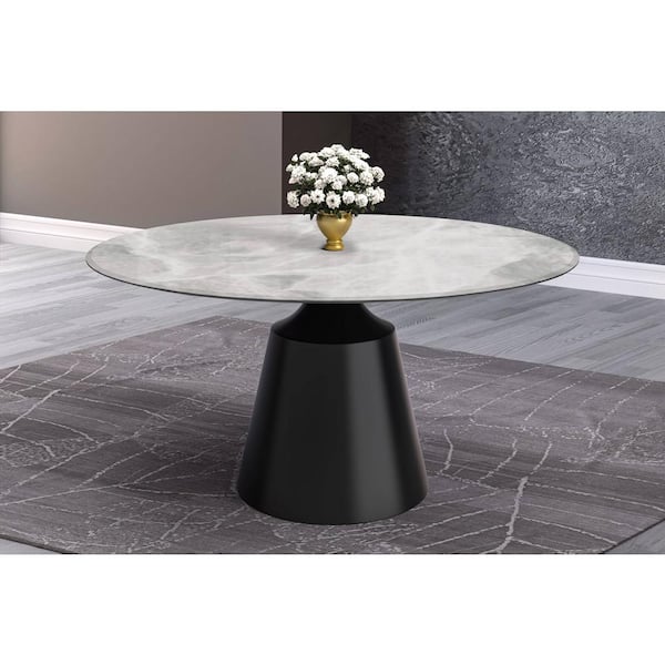 Leisuremod Prynn Mid-Century Modern 60 in. Round Dining Table with Sintered Stone Top and Black Pedestal Base (Light Grey)