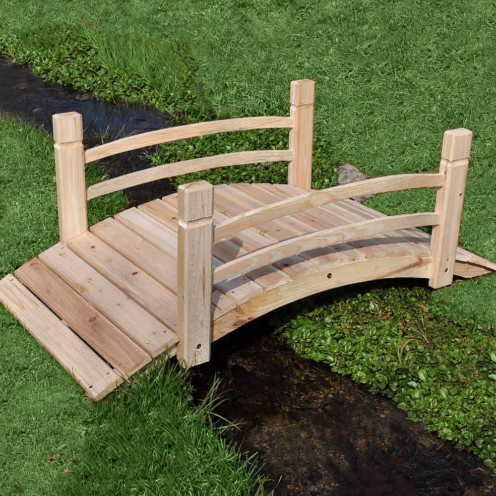 Natural Cedar Wood 4-Foot Garden Bridge with Handle Rails