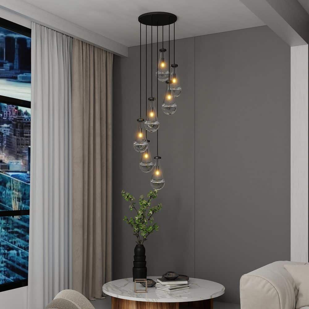 Jushua 7-Light Black High Ceiling Chandeliers Adjustable Cluster