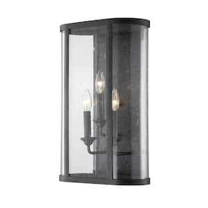 Chace 3-Light Forged Iron, Clear Seeded Outdoor Wall Lantern Sconce