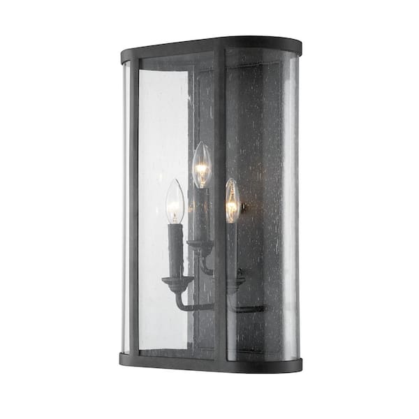 Troy Lighting Chace 3-Light Forged Iron, Clear Seeded Outdoor Wall Lantern Sconce