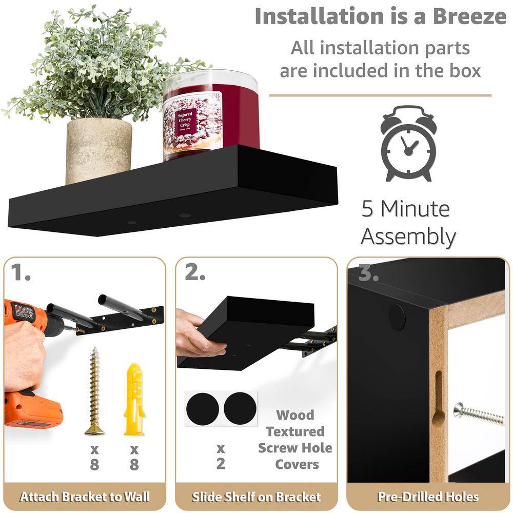 Black Wood Floating Wall Shelves Set for Living Room and Bathroom