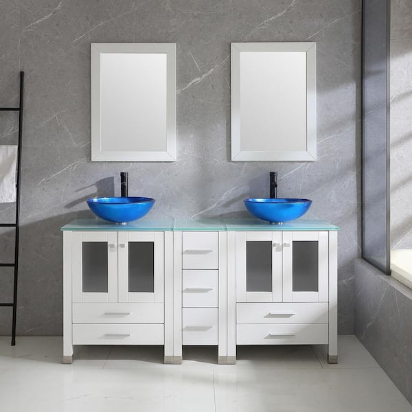 60 in. W x 21.5 in. D x 61 in. H Double Sinks Bath Vanity in White with Glass Top and Mirror