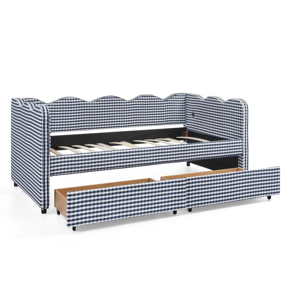 AP-Serenity Gingham Daybed with 2 Storage Drawers & USB Port, Wave-Shaped Twin Size Sofa Bed, Navy Blue price history on PriceWatchPro