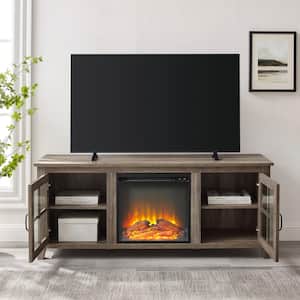 58 in. Grey Wash Wood and Glass Transitional 2-Door Windowpane Fireplace TV Stand Fits TVs up to 65 in.