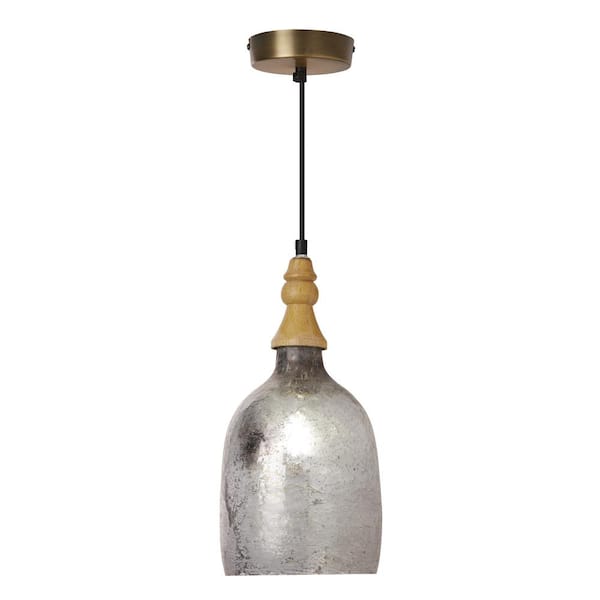 Adahlia 7-in. 1-Light Silver Bell-Shaped Glass Shade Pendant Lamp with Mango Wood Accent