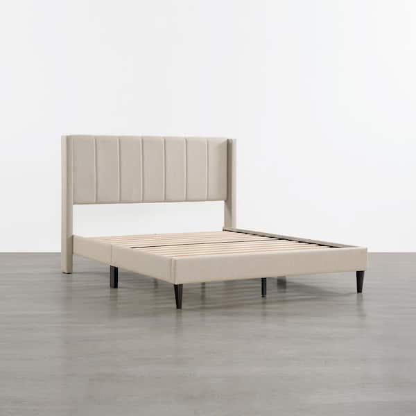 Jasper Brown Wood and Metal Frame Full Wingback Upholstered Platform Bed with Channel-Tufted Headboard