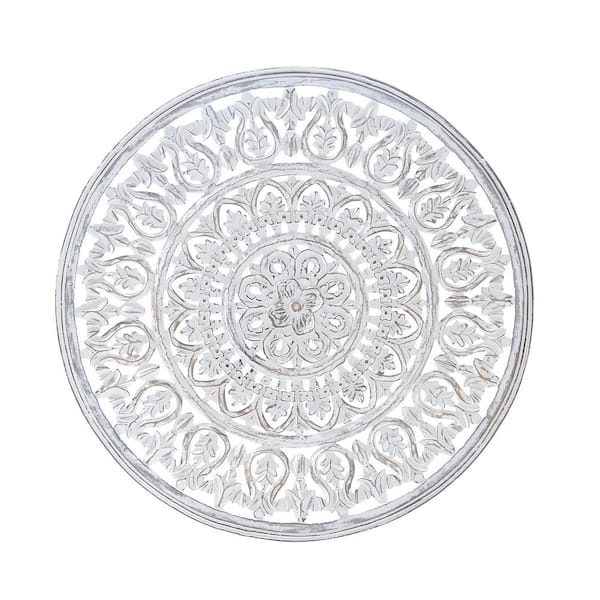 Litton Lane 36 in. x 36 in. Wood White Handmade Intricately Carved Floral Wall Decor with Mandala Design