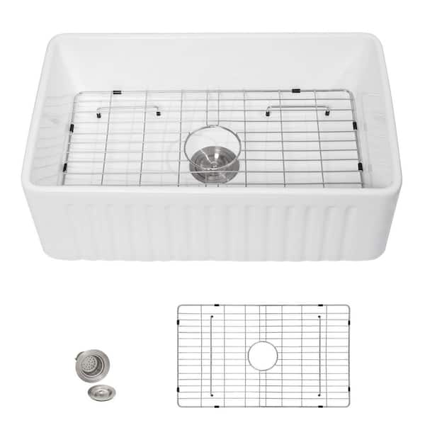 30 in. White Glossy Ceramic Fireclay Farmhouse Kitchen Sink, Reversible Apron Front Single Bowl Porcelain Farm Sink