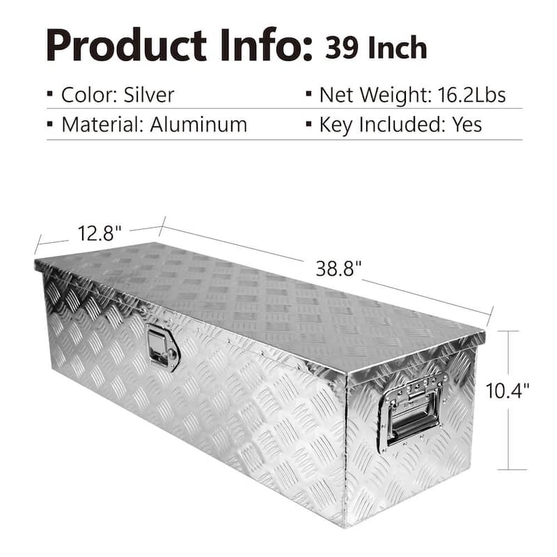 90 Gal. Metal Deck Box 39 in. Aluminum Underbody Truck Tool Box Storage Box with Lock Keys Latch for Truck Van Trailer