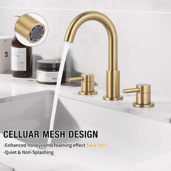 8 in. Widespread 2-Handle High Arc Bathroom Faucet and 360-Degree Swivel Spout in Brushed Gold