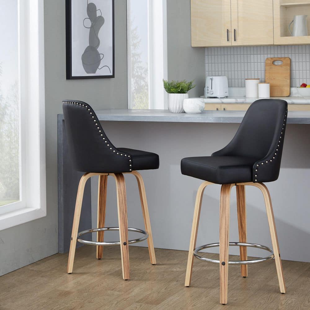 Studded Marcel 27 in. Black Faux Leather, Zebra Wood and Chrome Metal Fixed-Height Counter Stool (Set of 2) price history on PriceWatchPro
