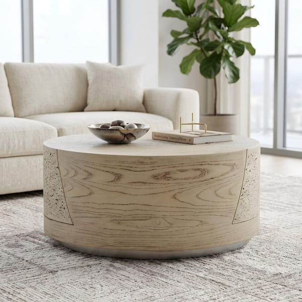 28 in. Sahara Oak Travertine Round Magnesium Oxide Coffee Table