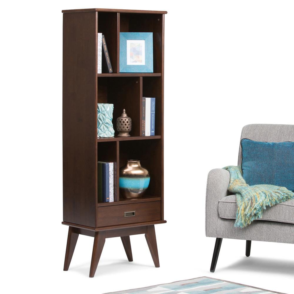 Medium Auburn Brown Solid Hardwood Mid-Century Modern Bookcase with Drawer