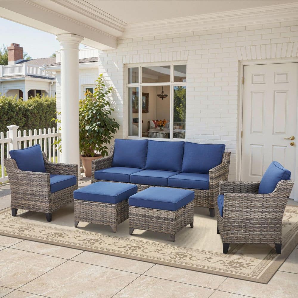 Glissia 5-Piece Gray Wicker Patio Conversation Set with Armchairs and 4 in. Olefin Navy Blue Cushions price history on PriceWatchPro