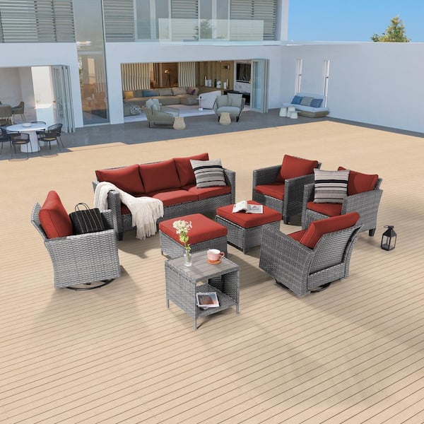 Sonkuki 8-Piece Patio Sofa Set Gray Wicker Outdoor Furniture Set Swivel Rocking Sofa, Rust Red Cushions