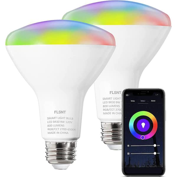 FLSNT 60-Watt Equivalent BR30 Smart Bulbs That Work with and Google Home by Smart Life APP, E26 Base, (2-Pack) BR9WWIFIRGBCW-2 - The Home Depot