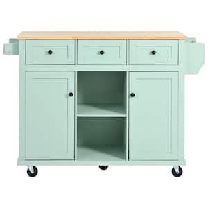 Mint Green Wood 53 in. Kitchen Island with 5-Wheels and 3-Drawers, Towel Rack, Storage Cabinet