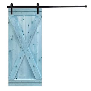 X-Bar Serie 36 in. x 84 in. Slick Blue Knotty Pine Wood DIY Sliding Barn Door with Hardware Kit