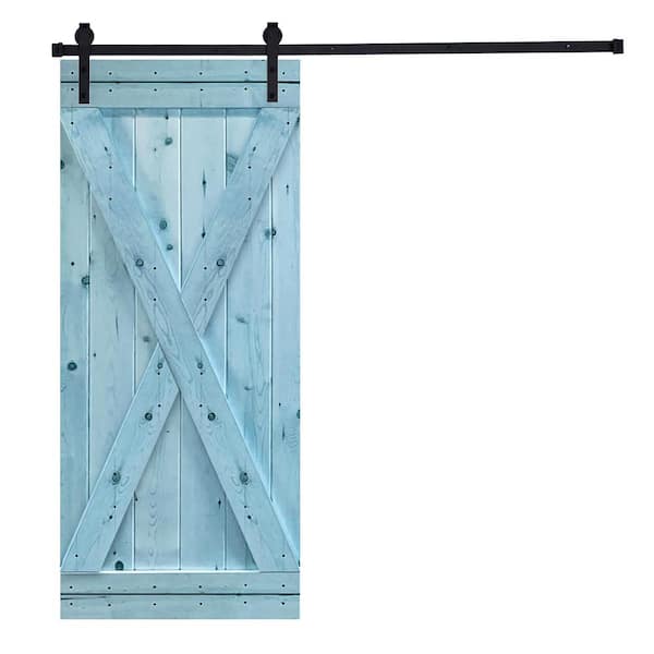 AIOPOP HOME X-Bar Serie 38 in. x 84 in. Slick Blue Knotty Pine Wood DIY Sliding Barn Door with Hardware Kit
