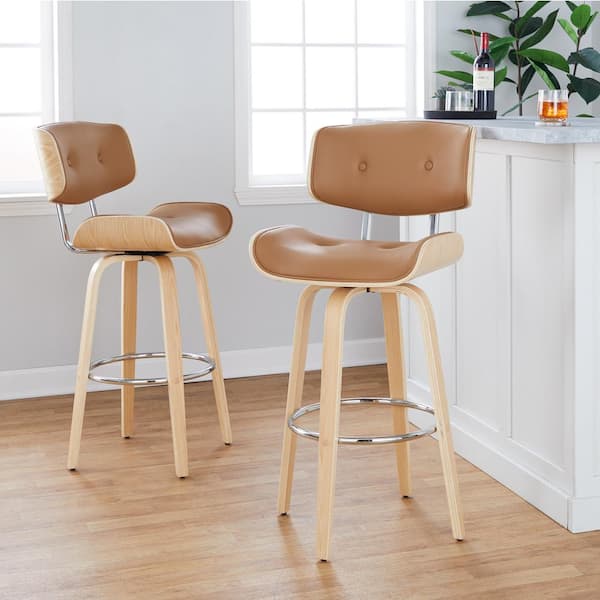 Lombardi 30.5 in. Camel Faux Leather, Natural Wood and Chrome Fixed-Height Bar Stool with Round Footrest (Set of 2)