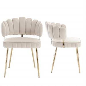 Modern Ivory Velvet Woven Accent Dining Chairs with Gold Metal Legs Set of 2