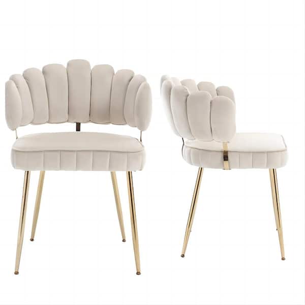 HOMEFUN Modern Ivory Velvet Woven Accent Dining Chairs with Gold Metal Legs Set of 2
