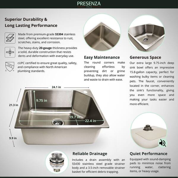 Presenza 24.1-in Brushed Steel Drop-In Utility Tub with Faucet