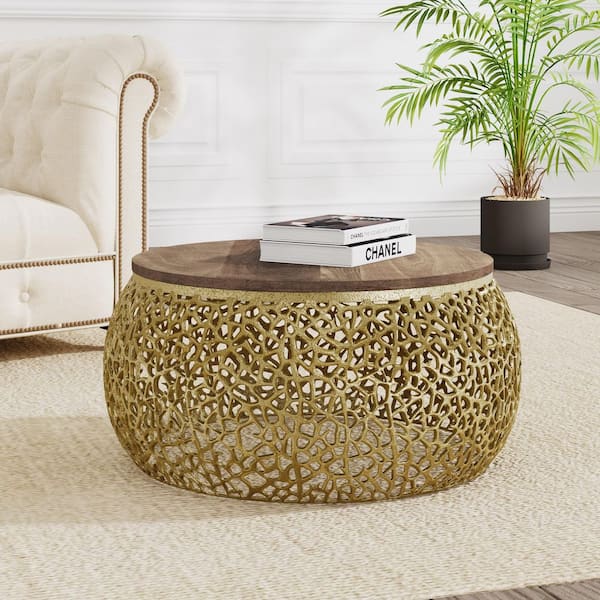 CHRISTOPHER KNIGHT HOME Lancaster 28 in. Modern Gold Round Mango Wood Top Coffee Table, Aluminum