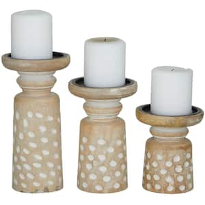 Light Brown Mango Wood Round Carved Dotted Pillar Candle Holder (Set of 3)