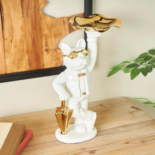 Litton Lane 6 in. x 13 in. White Ceramic Bulldog Sculpture with Gold Accents