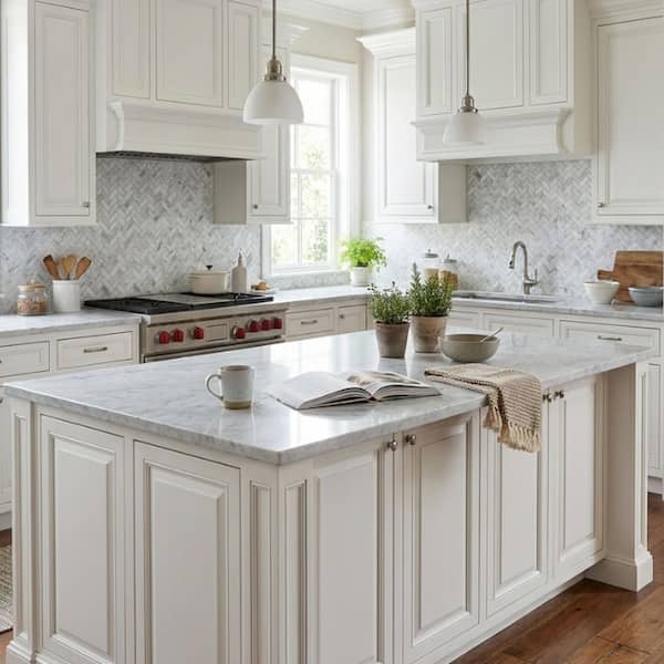 Carrara White Herringbone 12 W x 12 L x 0.38 in.Polished Marble Mosaic Kitchen,Bath,Floor and Wall Tile (10 sq.ft./Case)