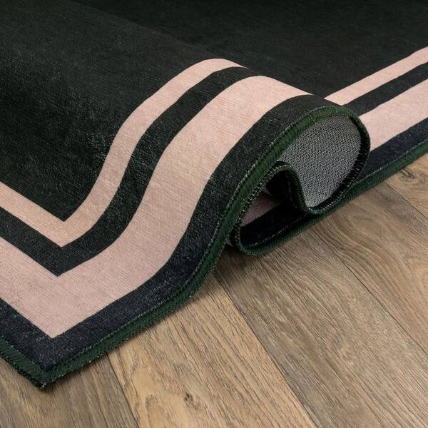 Framed Border Machine Washable Polyester Non-Slip Backing 9 ft. x 12 ft. Black Area Rug