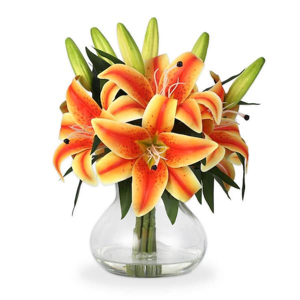 Realistic Artificial Lily Bouquet w/ Clear Glass Vase – 13 in. Tall, Lifelike Petals and Faux Water Office Decor, Orange