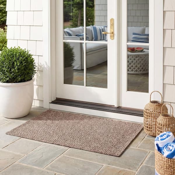 Courtyard Brown/Beige Doormat 2 ft. x 4 ft. Geometric Indoor/Outdoor Patio Area Rug